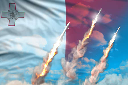 Malta ballistic warhead launch - modern strategic nuclear rocket weapons concept on blue sky...