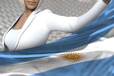 beautiful business woman is holding Argentina flag in front of her on the modern architecture background - flag concept 3d illustrationの写真素材