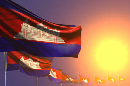 pretty any holiday flag 3d illustration - many Cambodia flags placed diagonal on sunset with place...