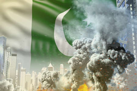 huge smoke column with fire in abstract city - concept of industrial catastrophe or terroristic act on Pakistan flag background, industrial 3D illustrationの写真素材