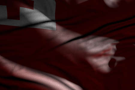 nice picture of dark Tonga flag with folds lying flat in shadows with light spots on it - any holiday flag 3d illustrationの写真素材