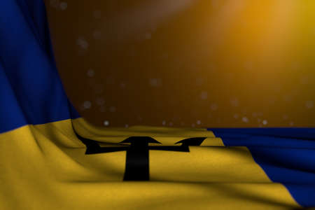 wonderful anthem day flag 3d illustration - dark photo of Barbados flag lay in corner on yellow background with selective focus and empty space for your textの写真素材