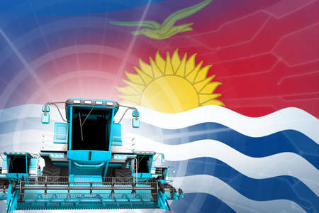 Farm machinery modernization concept, blue modern farm combine harvesters on Kiribati flag - digital...