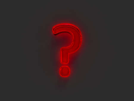 Red shine neon light glow glass made alphabet - question mark isolated on gray, 3D illustration of symbolsの写真素材