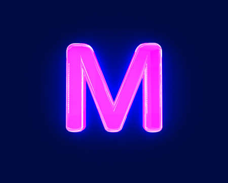 polished neon light glow glass made font - letter M isolated on dark, 3D illustration of symbolsの写真素材