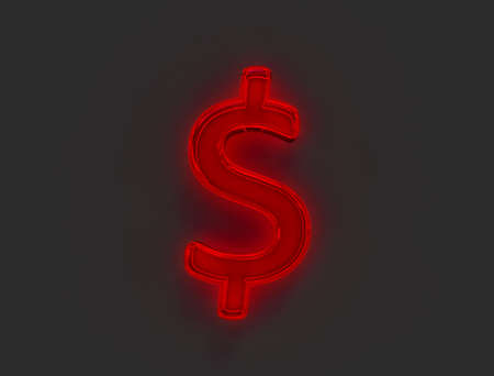 Red polished neon light glow reflective alphabet - dollar - peso sign isolated on gray background, 3D illustration of symbolsの写真素材