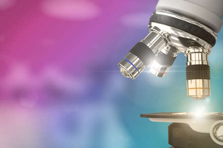 coronavirus discovery concept, object 3D illustration - lab modern scientific microscope with flare...