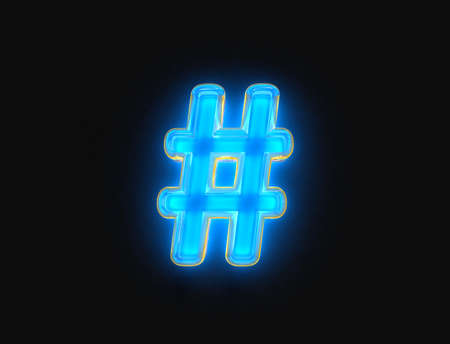 Blue and orange shiny neon light glow clear glass made alphabet - number sign isolated on dark background, 3D illustration of symbolsの写真素材