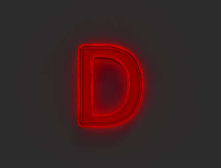 Red polished neon light glow reflective alphabet - letter D isolated on gray background, 3D illustration of symbolsの写真素材