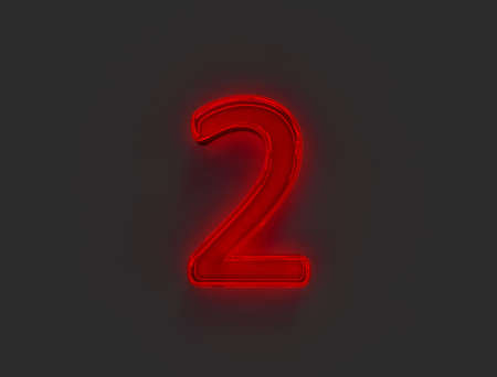 Red polished neon light glow glassy alphabet - number 2 isolated on gray, 3D illustration of symbols