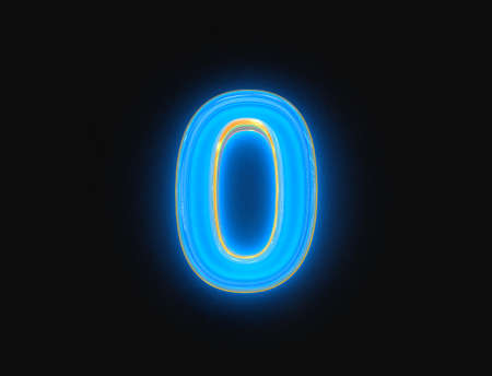 Blue and yellow shine neon light glow transparent glassy alphabet - number 0 isolated on dark, 3D illustration of symbolsの写真素材