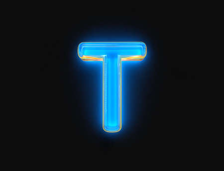 Blue and orange glossy neon light glow transparent glassy font - letter T isolated on dark...