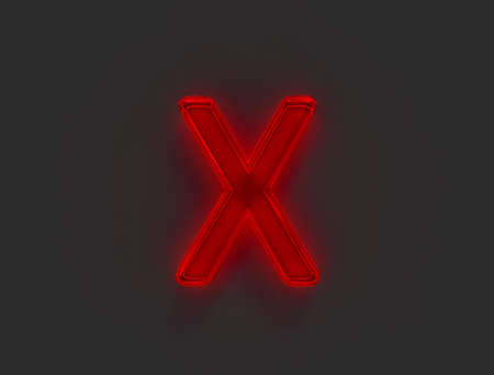 Red polished neon light glow glass made alphabet - letter X isolated on gray, 3D illustration of...