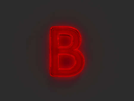 Red glossy neon light glow glassy font - letter B isolated on gray background, 3D illustration of symbolsの写真素材