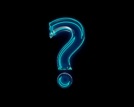 Blue polished neon light glow reflective clear font - question mark isolated on black dark, 3D...