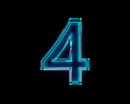 Blue polished neon light glow glassy crystal font - number 4 isolated on black background, 3D illustration of symbolsの写真素材