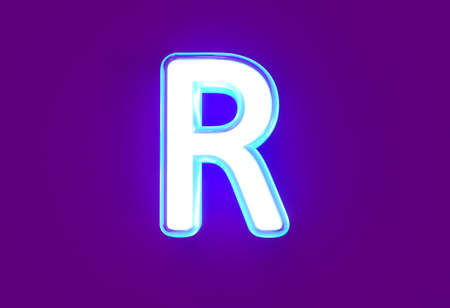 White glossy neon light blue glow font - letter R isolated on purple background, 3D illustration of symbolsの写真素材