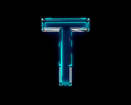 Blue polished neon light glow glassy clear font - letter T isolated on black background, 3D illustration of symbolsの写真素材