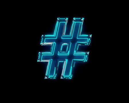 Blue shiny neon light glow reflective transparent alphabet - number sign isolated on black dark, 3D illustration of symbolsの写真素材