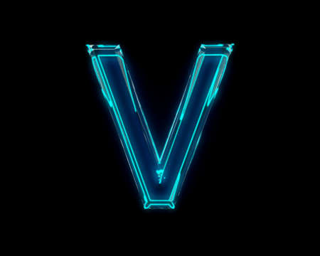 Blue polished neon light glow glassy transparent font - letter V isolated on black background, 3D illustration of symbolsの写真素材