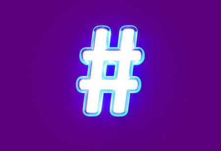 White shiny neon light blue glow alphabet - number sign isolated on purple, 3D illustration of...