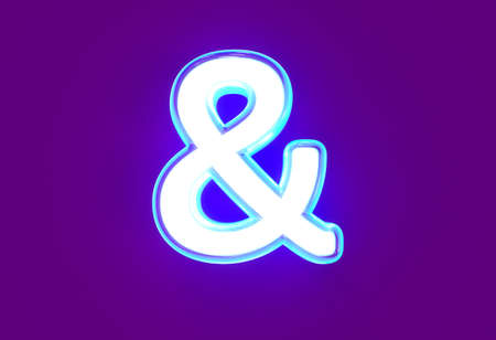 White shiny neon light blue glow font - ampersand isolated on purple, 3D illustration of symbolsの写真素材