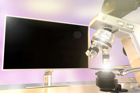 biochemistry work concept, object 3D illustration - lab electronic microscope and monitor with blank...