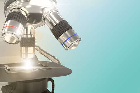 vaccine research concept, laboratory hi-tech scientific microscope with flare on gradient background - object 3D illustrationの写真素材