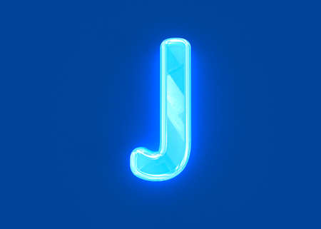 Blue shiny neon light glassy clear font - letter J isolated on dark blue background, 3D illustration of symbolsの写真素材