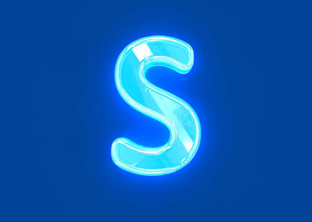 Blue polished neon light glassy crystal font - letter S isolated on dark blue background, 3D illustration of symbolsの写真素材