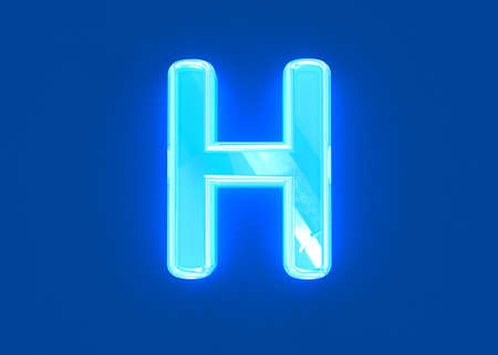Blue polished neon light reflective transparent font - letter H isolated on dark blue background, 3D illustration of symbolsの写真素材