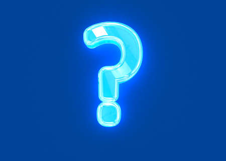 Blue polished neon light reflective clear font - question mark isolated on dark blue, 3D illustration of symbolsの写真素材