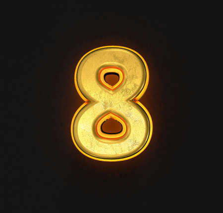 aged gold metallic alphabet with yellow outline and backlight - number 8 isolated on black background, 3D illustration of symbolsの写真素材