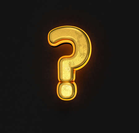 vintage gold metallic font with yellow outline and backlight - question mark isolated on black background, 3D illustration of symbolsの写真素材