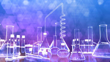 cosmetic concept, lab test-tubes and other glassware - may be used as pharmacy background, 3D illustration of objectsの写真素材