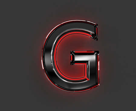 Gray metallic alphabet with red polished glass made outline - letter G isolated on gray, 3D illustration of symbolsの写真素材