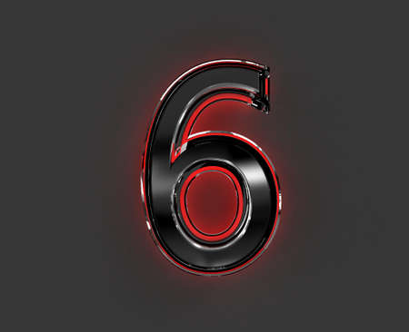 Gray metal font with red glossy glassy outline - number 6 isolated on gray background, 3D illustration of symbolsの写真素材