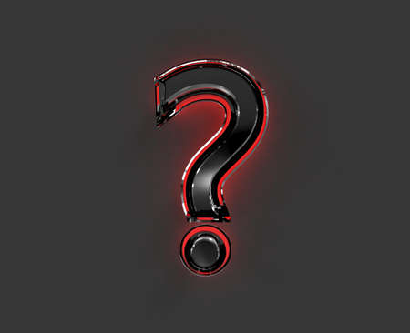 Gray brassy alphabet with red glossy glassy outline - question mark isolated on gray, 3D illustration of symbolsの写真素材