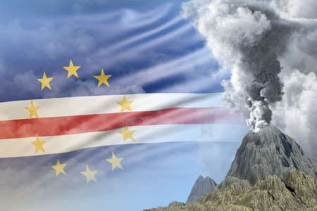 stratovolcano eruption at day time with white smoke on Cabo Verde flag background, suffer from...