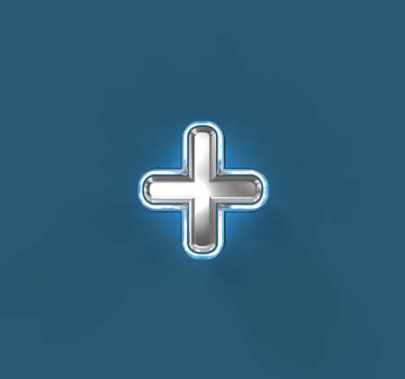 Steel metal alphabet with white outline and blue backlight - plus isolated on blue background, 3D...