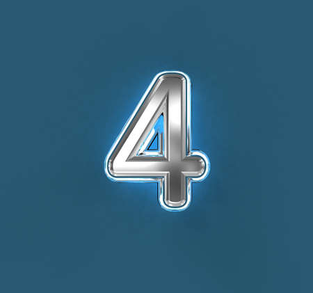 Steel brassy alphabet with white outline and blue backlight - number 4 isolated on blue background,...