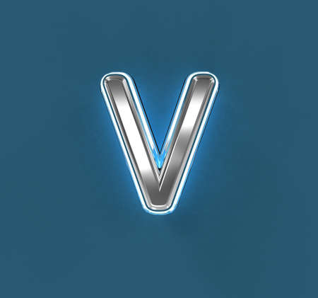 Steel metallic font with white outline and blue noisy backlight - letter V isolated on blue, 3D illustration of symbolsの写真素材