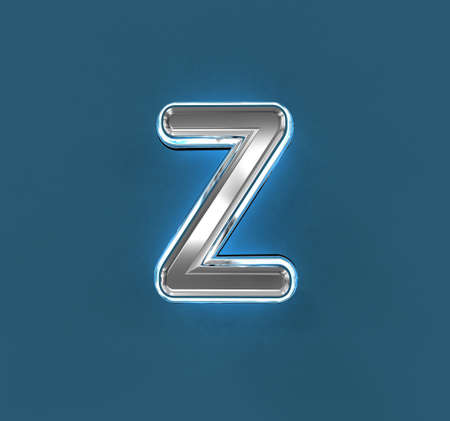 Steel metalline font with white outline and blue noisy backlight - letter Z isolated on blue, 3D illustration of symbolsの写真素材