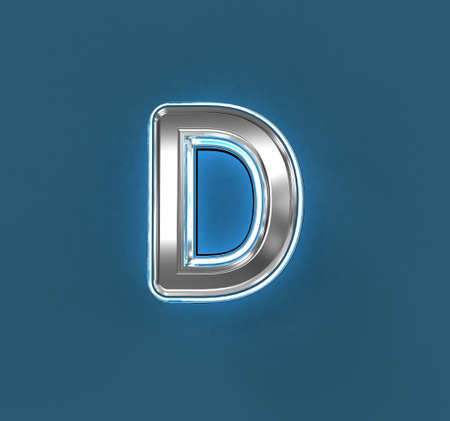Steel metalline alphabet with white outline and blue noisy backlight - letter D isolated on blue, 3D illustration of symbolsの写真素材