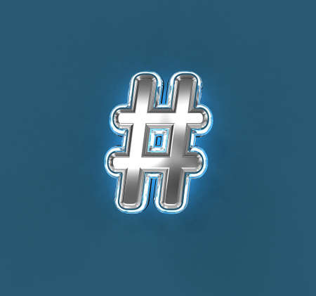 Steel brassy font with white outline and blue noisy backlight - number sign isolated on blue, 3D illustration of symbolsの写真素材