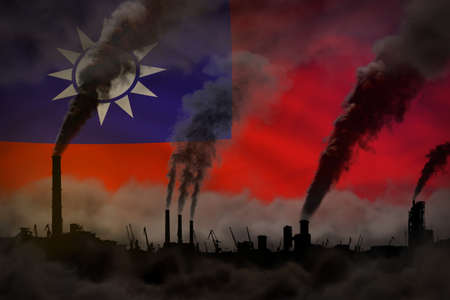 heavy smoke of industry chimneys on Taiwan Province of China flag - global warming concept,...