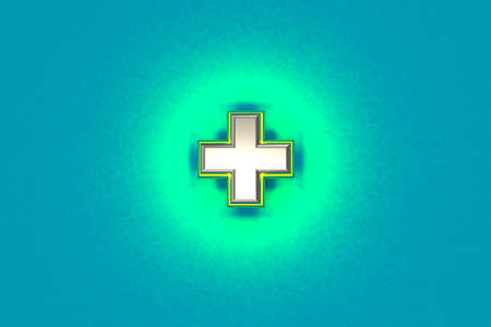 Silver metallic font with yellow outline and green noisy backlight - plus isolated on teal background, 3D illustration of symbolsの写真素材