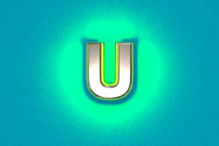 Silver metalline font with yellow outline and green noisy backlight - letter U isolated on teal background, 3D illustration of symbolsの写真素材