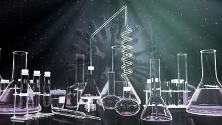 Coronavirus COVID-19 vaccine background, laboratory test tubes on virus backdrop - medical concept,...