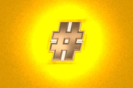 aged gold or copper brassy alphabet with intense yellow noisy backlight - number sign isolated on orange, 3D illustration of symbolsの写真素材